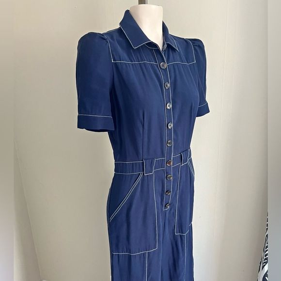 A LOVES A blue contrast stitch retro inspired wide leg button front jumpsuit - Picture 8 of 9